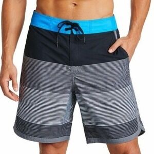 Joe Boxer Board Shorts Mens 30 Grey Blue Striped Swim Trunks Pocket Resort Beach